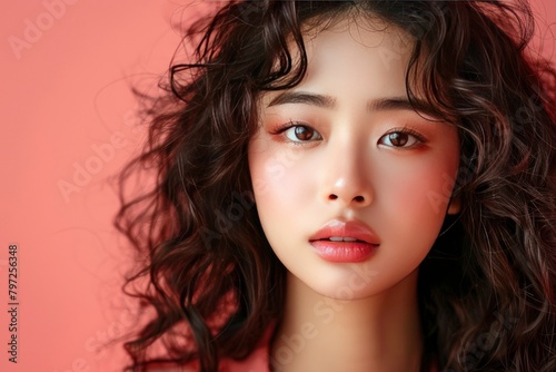 Young Asian beauty woman curly long hair with korean makeup style on face and perfect clean skin on isolated one color background. Facial treatment, Cosmetology, plastic surgery - generative ai