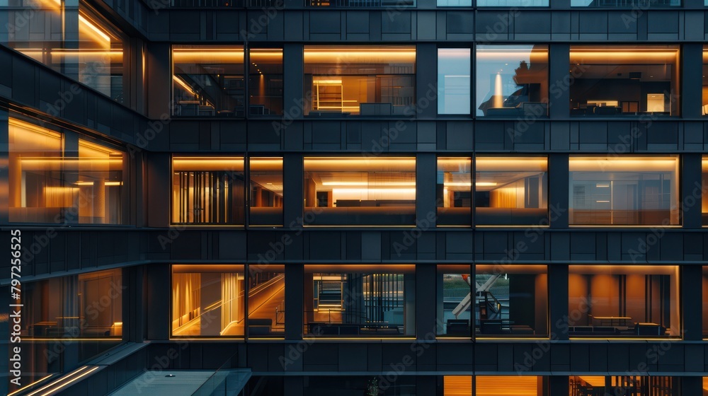 Perspective photography of office or apartment building with modern glass windows at night Perspective photography of office or apartment building with modern glass windows at night