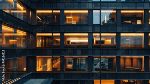 Perspective photography of office or apartment building with modern glass windows at night