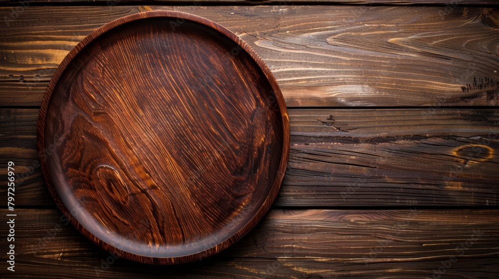 Wooden round plate on rustic table top