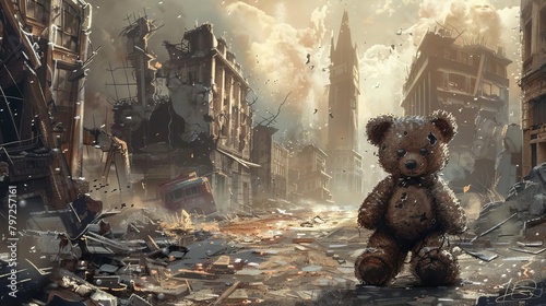 innocent teddy bear amidst wartorn city ruins conceptual digital painting