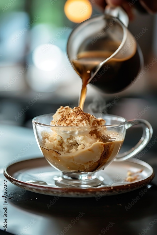 Pouring coffee over ice cream in a glass cup Pouring coffee over ice cream in a glass cup