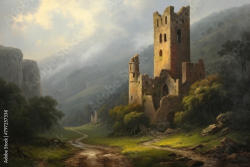 Medieval valley landscape painting architecture building.
