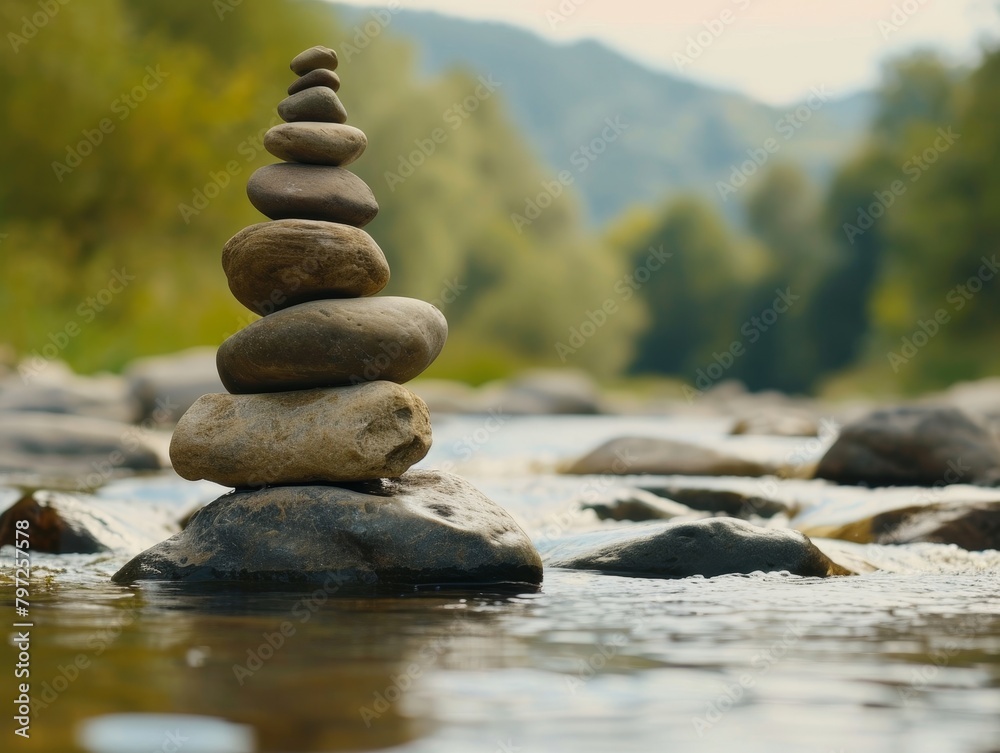 Zen stones stacked in a tranquil river setting Zen stones stacked in a tranquil river setting
