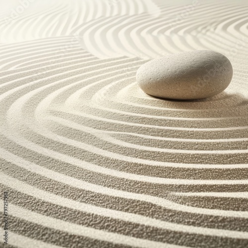 Zen stone on raked sand with circular patterns