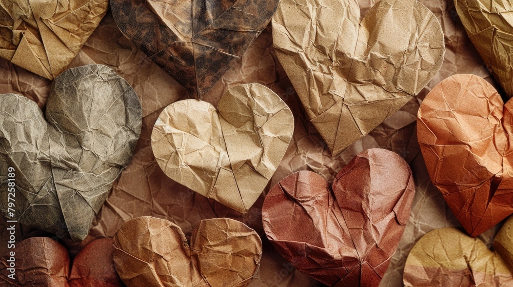 Close up of hearts made from recycled paper in earth tones - obrazy, fototapety, plakaty 