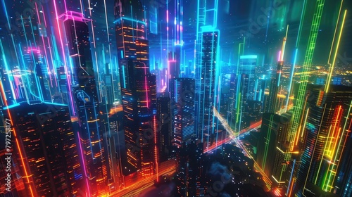 City skyline and neon circuit trails linking buildings dynamically photo
