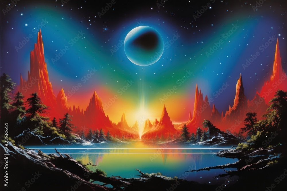 Fototapeta premium Galaxy landscape reflection astronomy.