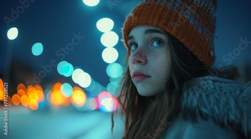 Young woman surrounded by city lights on a winter night