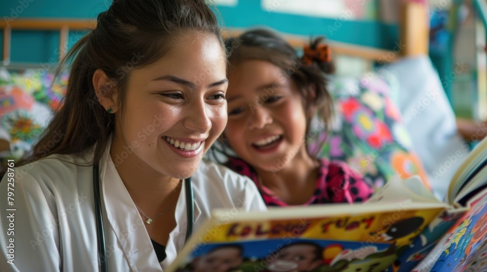 A volunteer reads to patients in the pediatric ward, bringing smiles to their faces. A volunteer reads to patients in the pediatric ward, bringing smiles to their faces.