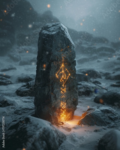 Mystical rune stone glowing in a snowy landscape at night photo