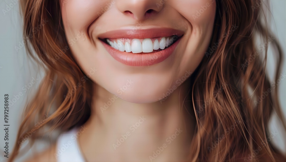 Radiant Smile: Close-Up Portrait of a Beautiful Woman Showcasing Healthy White Teeth on a Gray Background Radiant Smile: Close-Up Portrait of a Beautiful Woman Showcasing Healthy White Teeth on a Gray Background