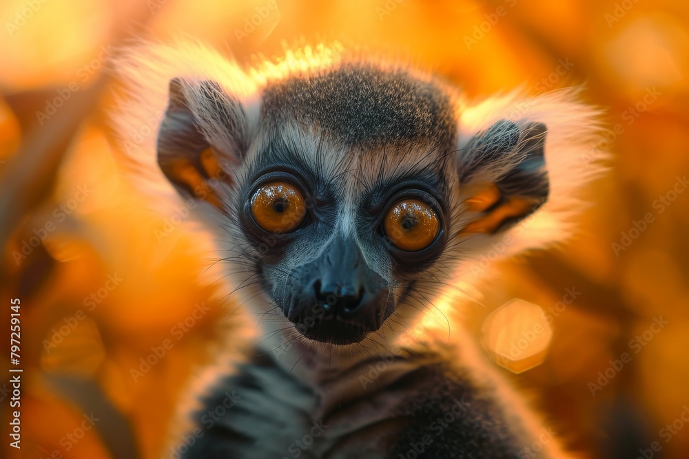 Close-up of a Lemur with Intense Eyes Against a Golden Background Close-up of a Lemur with Intense Eyes Against a Golden Background