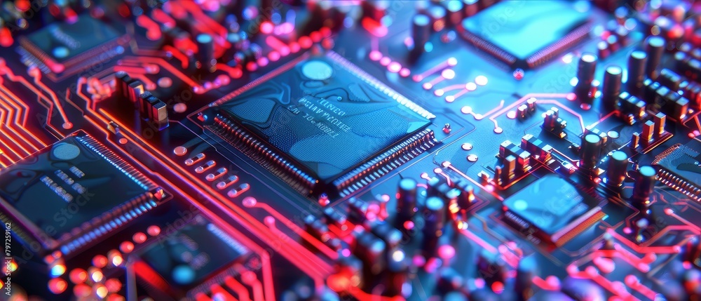 A close up of a computer circuit board with red and blue lights.