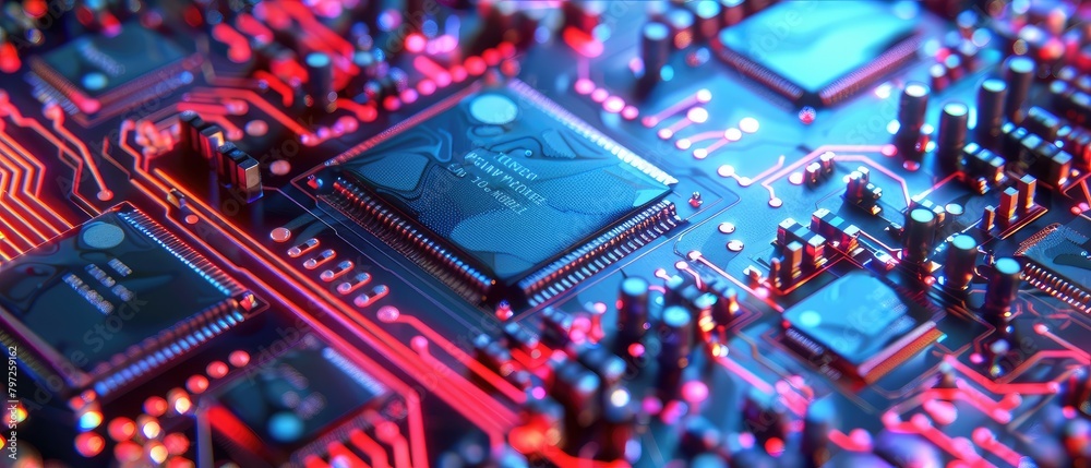 A close up of a computer circuit board with red and blue lights. A close up of a computer circuit board with red and blue lights.