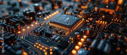 A close up of a computer circuit board with orange glowing lights.
