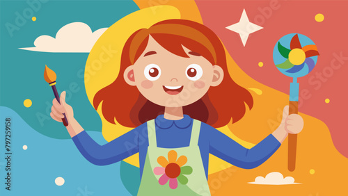 A young girl wearing a smock and holding a paintbrush proudly showing off her colorful and imaginative selfportrait to her family.