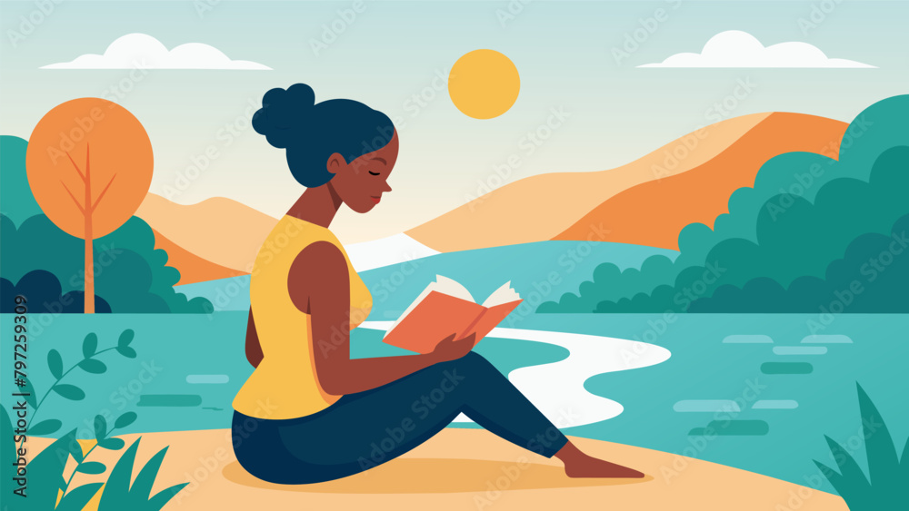A young woman sitting by the riverbank enjoying the warm sun on her face as she reads a collection of poems from a renowned African American poet lost. Vector illustration