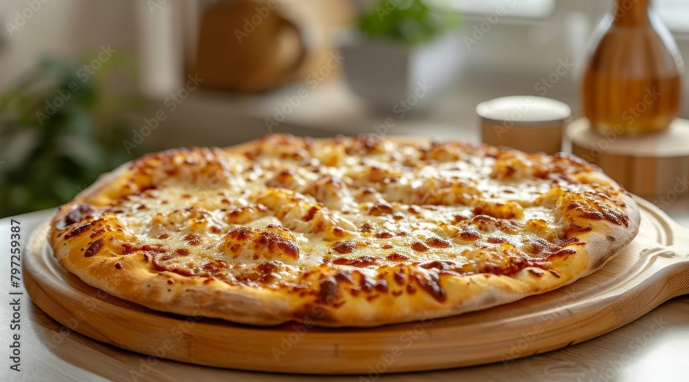 Delicious homemade cheese pizza on wooden table