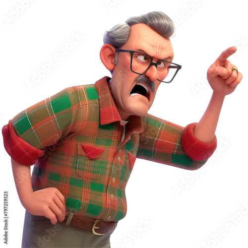 A lively middle aged cartoon character appears visibly agitated and distressed as he passionately explains or argues set against a plain transparent background