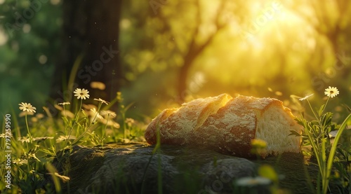 Fresh bread on a rock in a sunlit field