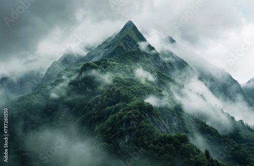 Misty Mountain Peaks Surrounded by Lush Greenery