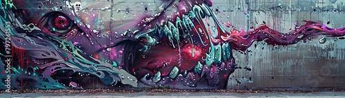 Illustrate a terrifying graffiti mural on a gritty urban wall, infusing street art vibes with spine-chilling horror details in a digital glitch art style, photo
