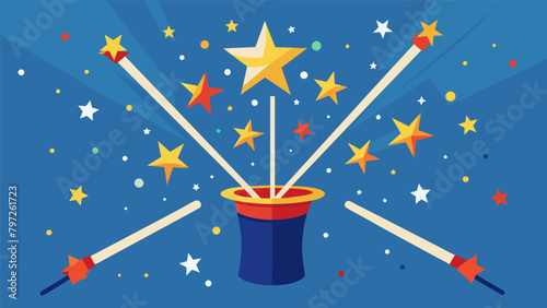 Confetti shaped like stars and fireworks shoot out of a magicians wand creating a stunning display of patriotic magic.. Vector illustration