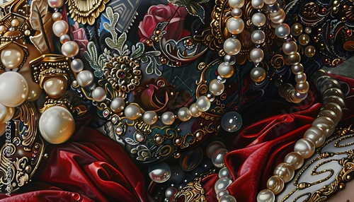 Using a mix of oil and acrylic, create an intricate close-up illustration featuring opulent details like velvet and pearls intertwined with extreme sports paraphernalia, blurring the lines of reality
