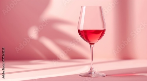 Glass of pink wine against a pink background with light and shadow creating a minimalist style.