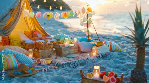 Beautiful colorful picnic at sunset in the beach