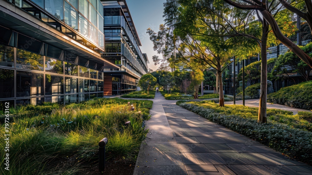 View of the beautiful green park downtown amidst modern buildings in the morning. View of the beautiful green park downtown amidst modern buildings in the morning.