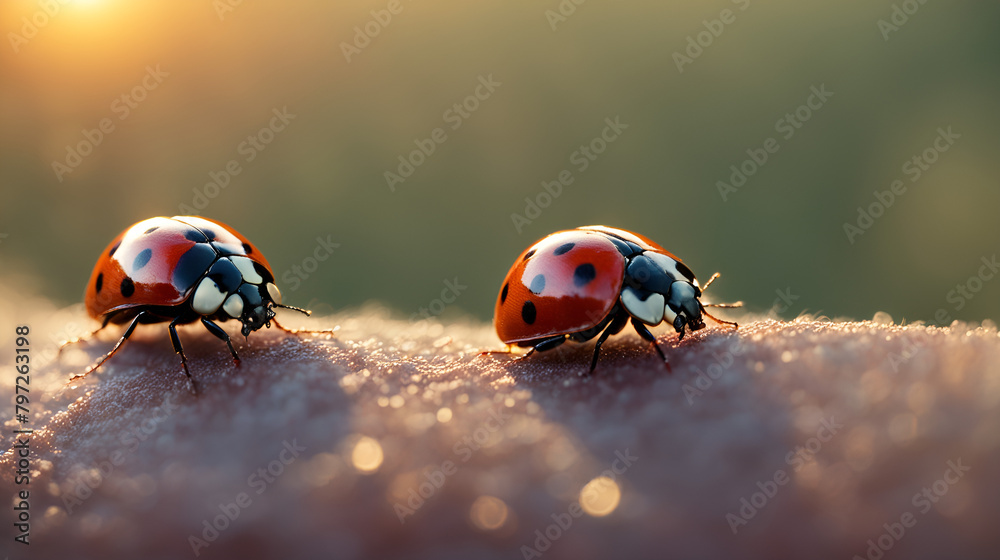 Fototapeta premium Sunset scene, red ladybug photo, macro ladybug photo close-up of ladybugs crawling back and forth