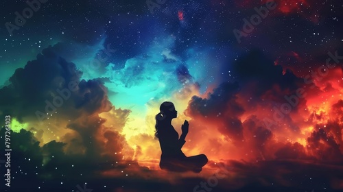 silhouette of a woman praying under a starry night sky with colorful clouds concept of worship and spirituality digital illustration