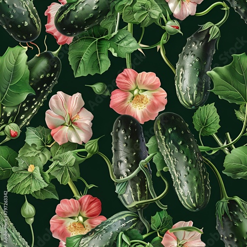 Seamless Pattern of Cucumbers and Pink Flowers