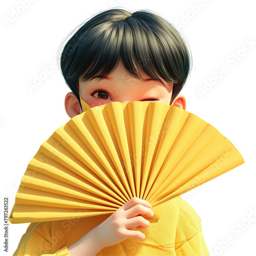 An Asian cartoon character is playfully concealing part of his face behind a stylish cloth fan photo