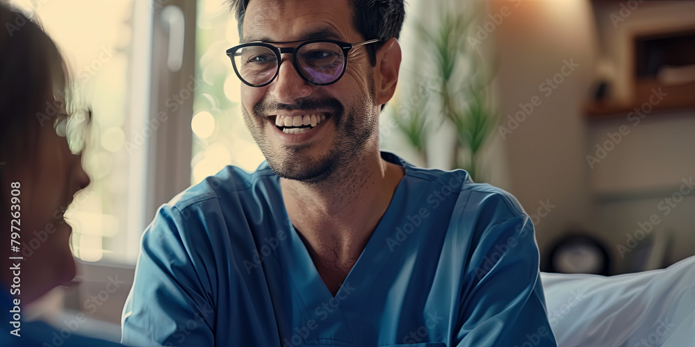 happy male nurse with glasses smiling while sitting and holding hands of senior woman in office, generative AI
