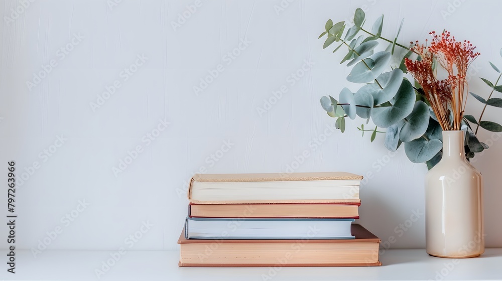 A minimalist design with a white background, an empty desk holding a stack of books, and a vase of eucalyptus leaves. For Design, Background, Cover, Poster, Banner, PPT, KV design, Wallpaper