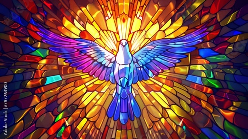 vibrant stainedglass winged dove symbolizing the holy spirit spiritual concept illustration photo