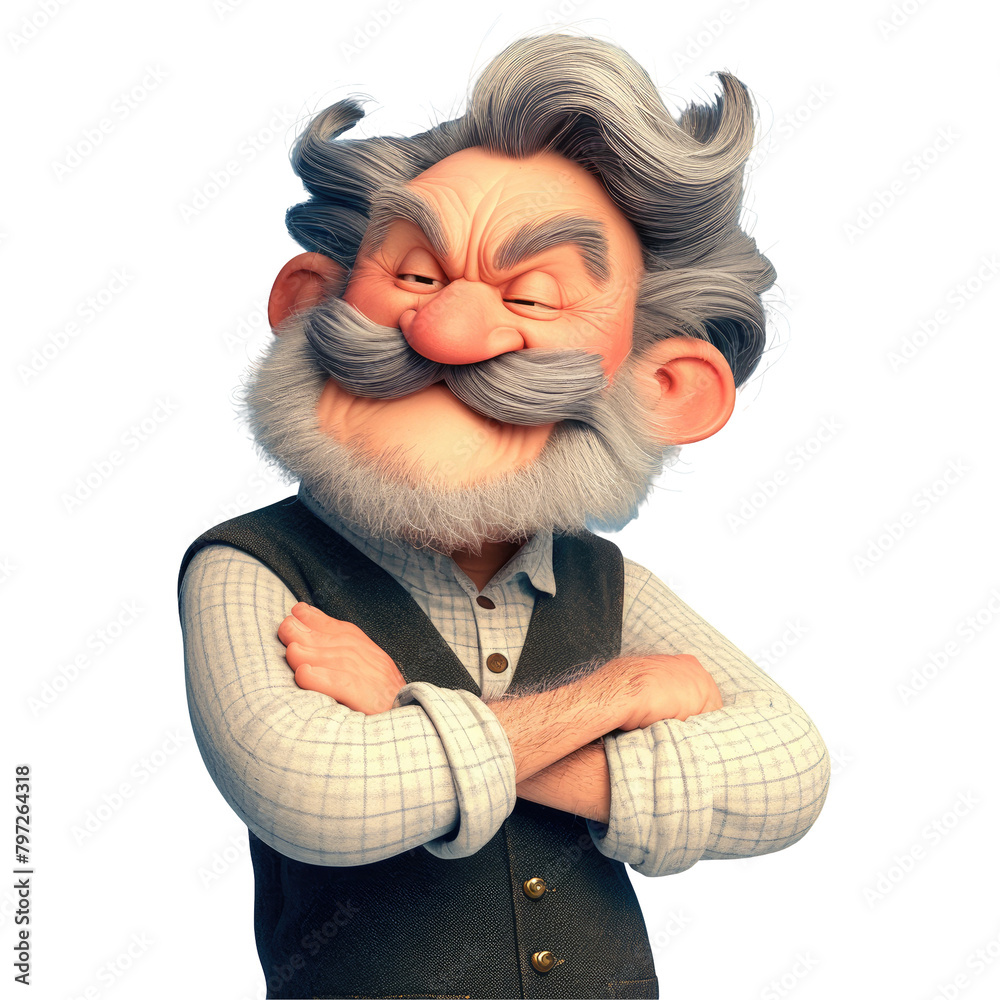 Obraz premium A dashing elderly cartoon character with a beard and a striking gray mustache confidently folded his arms across his chest