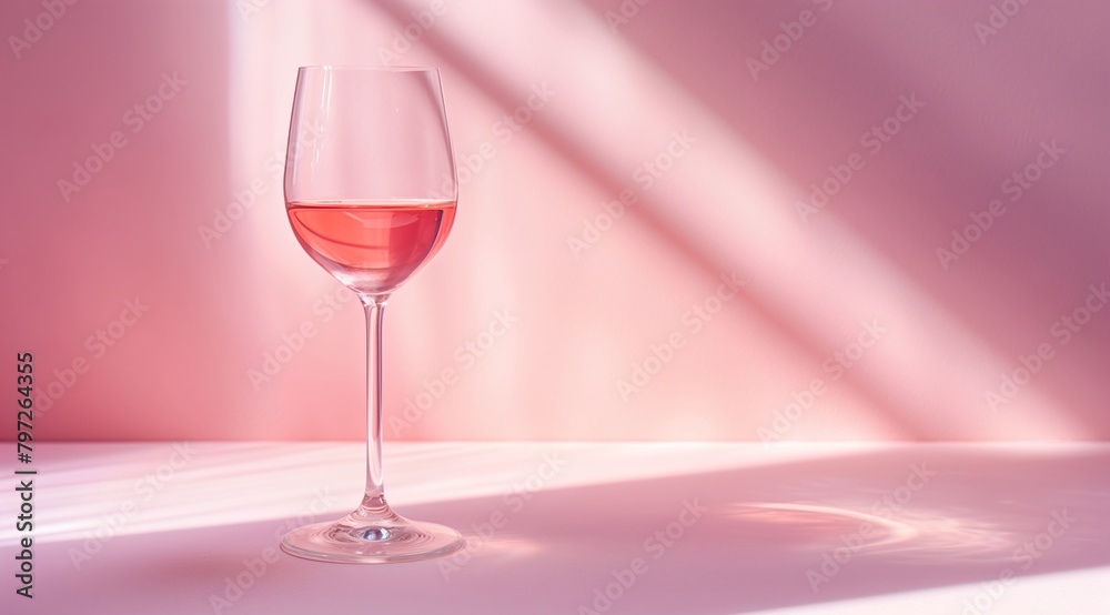 Glass of pink wine against a pink background with light and shadow creating a minimalist style. Glass of pink wine against a pink background with light and shadow creating a minimalist style.