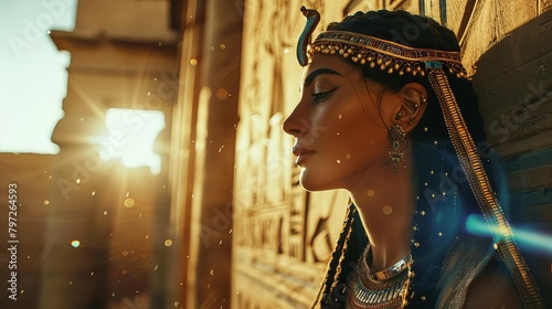 majestic egyptian queen in palace at golden hour ethereal sunlight photography