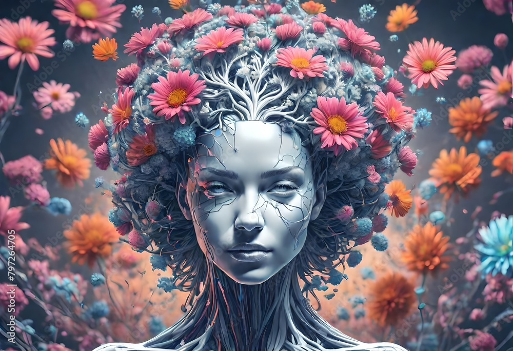 concept of nature into AI, flowers and plants on the head of an AI