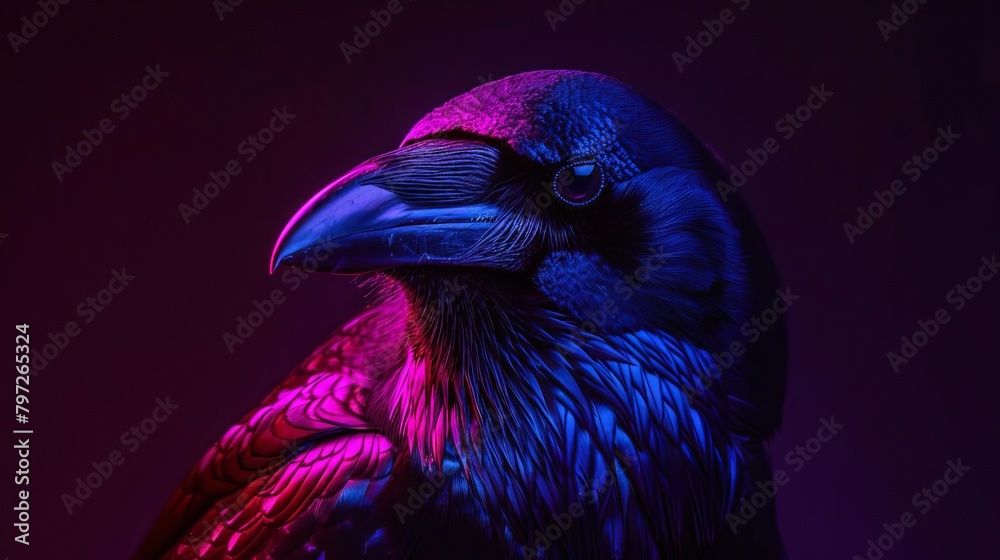 Naklejka premium mystical closeup portrait of black crow with luminous feathers glowing in neon light against dark background surreal bird art