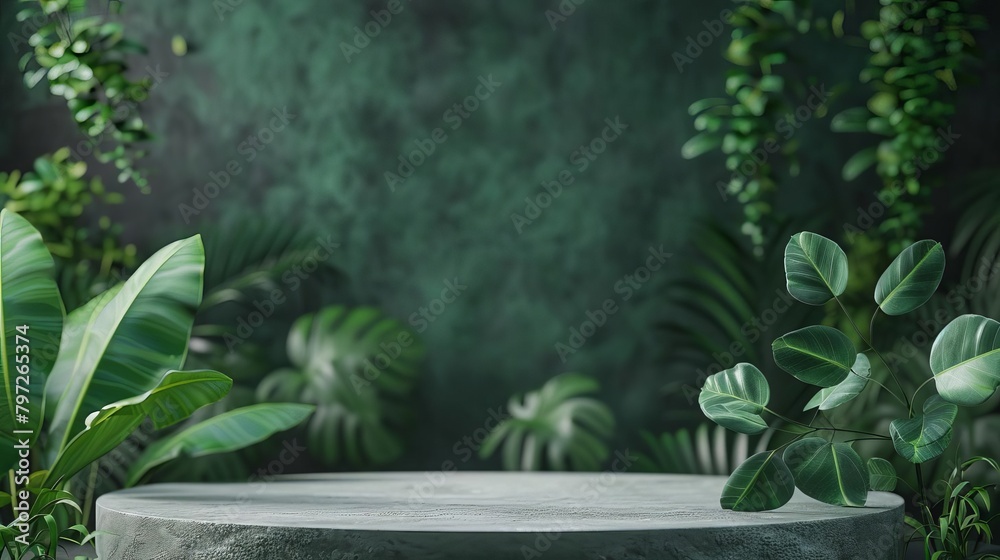 natureinspired green product display podium with lush jungle foliage 3d rendering natureinspired green product display podium with lush jungle foliage 3d rendering