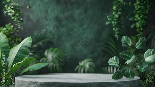 natureinspired green product display podium with lush jungle foliage 3d rendering