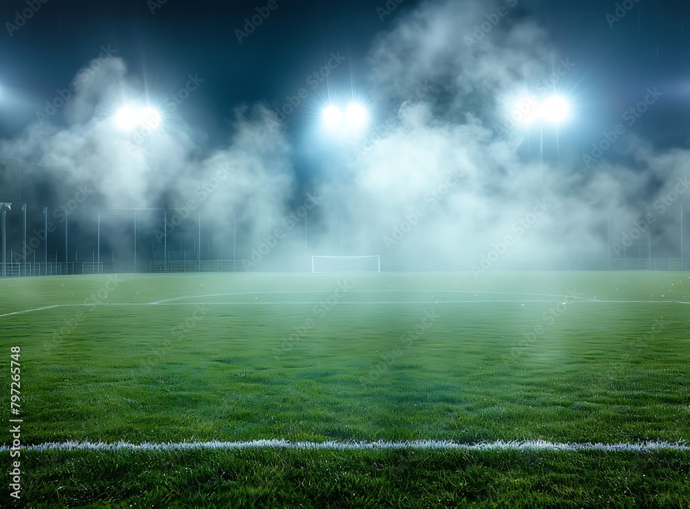 Photo of an empty soccer field at night with lights smoke and fog