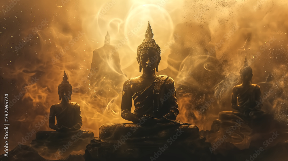 Buddha statues shrouded in golden smoke, creating a serene and mystical atmosphere symbolic of meditation and spirituality.
