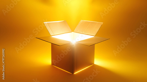 Opened a square cardboard box with golden light glowing from its inside on yellow background