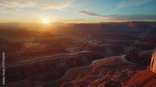 A canyon vista at sunset  with layers of rock glowing in the light